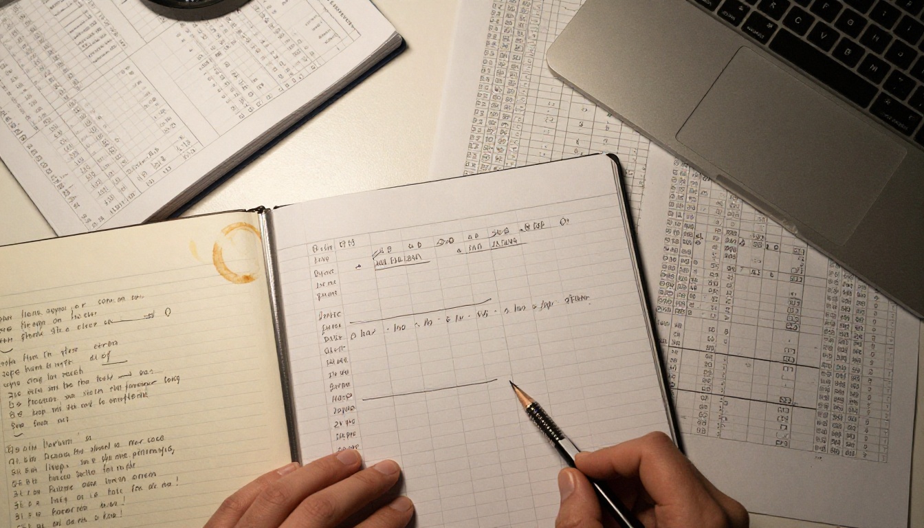 Top-down view of a researcher's desk with open notebooks filled with test result grids