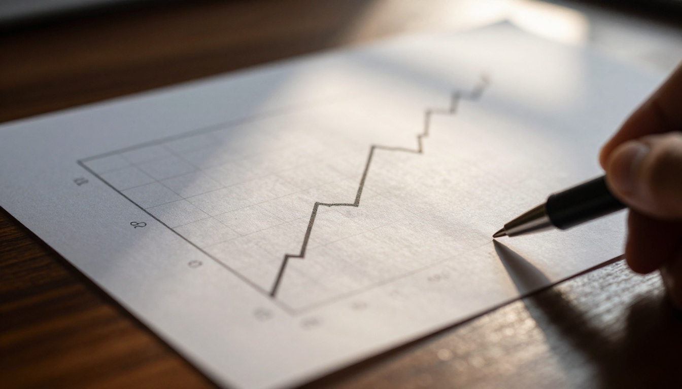 Close-up of a printed graph showing two overlapping line charts on paper at a walnut desk