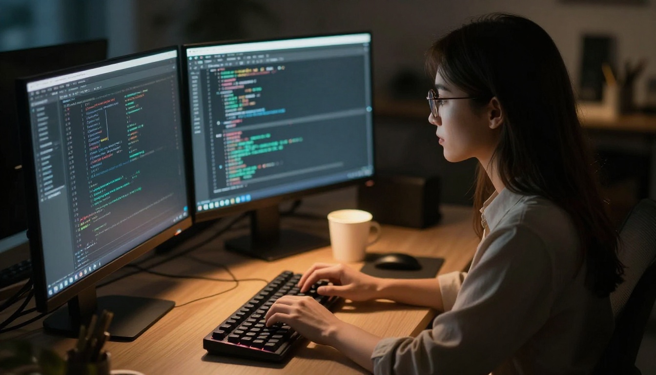 Female developer typing on a mechanical keyboard with monitor glow illuminating her face at night