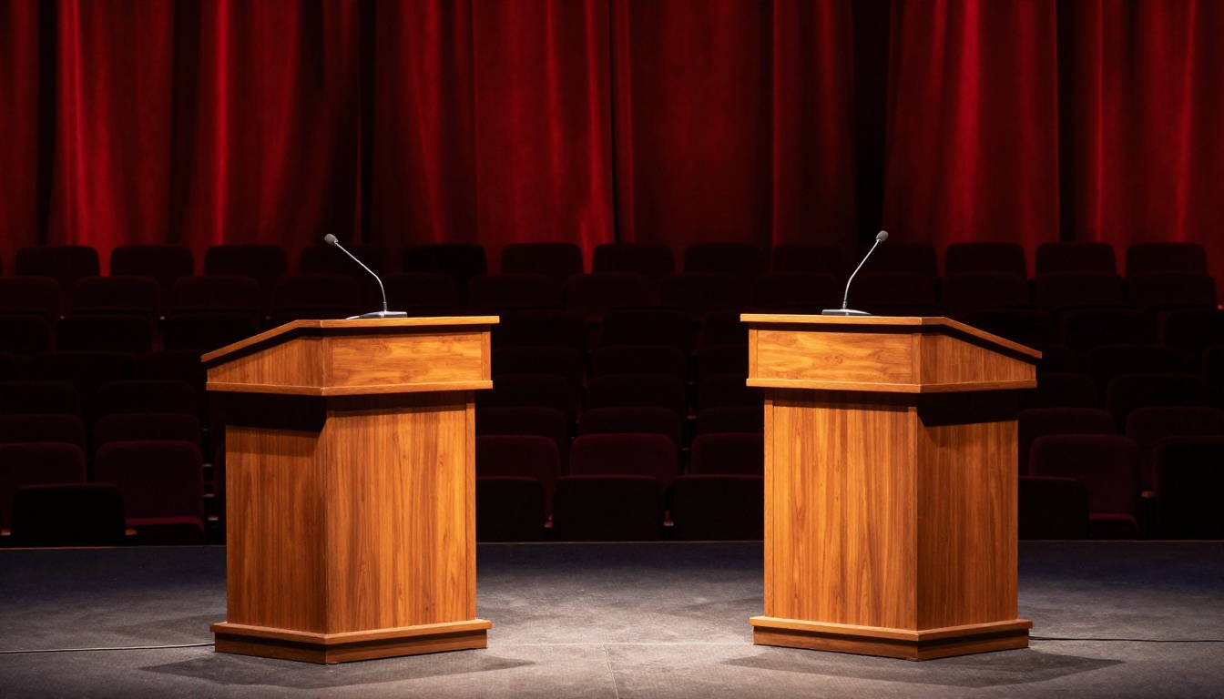 Debate podium stage in an academic auditorium with warm stage lighting on two symmetrical podiums