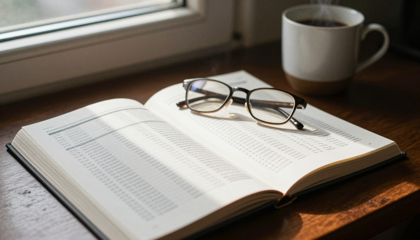 Stack of printed academic benchmark reports open on a mahogany desk with reading glasses