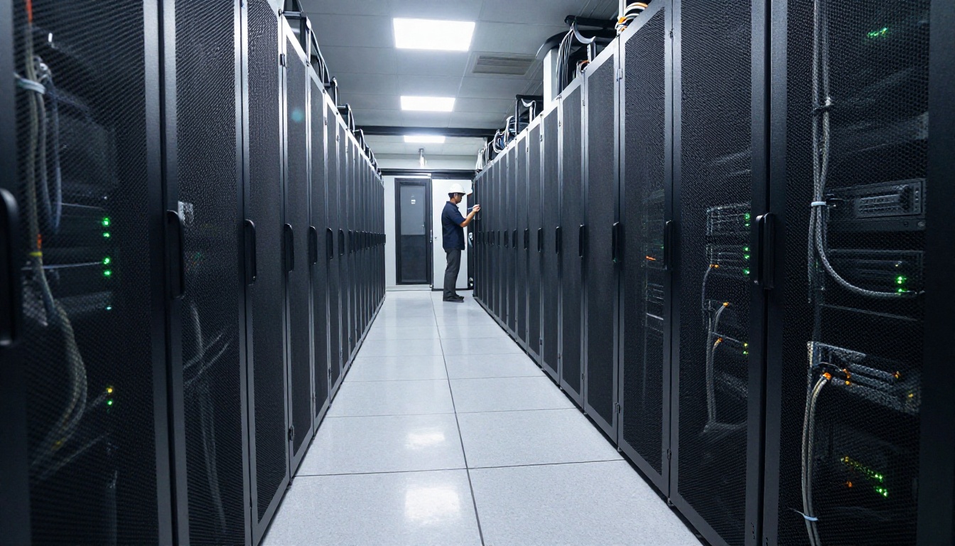 Interior of a high-tech server room with rows of black server racks and cable bundles