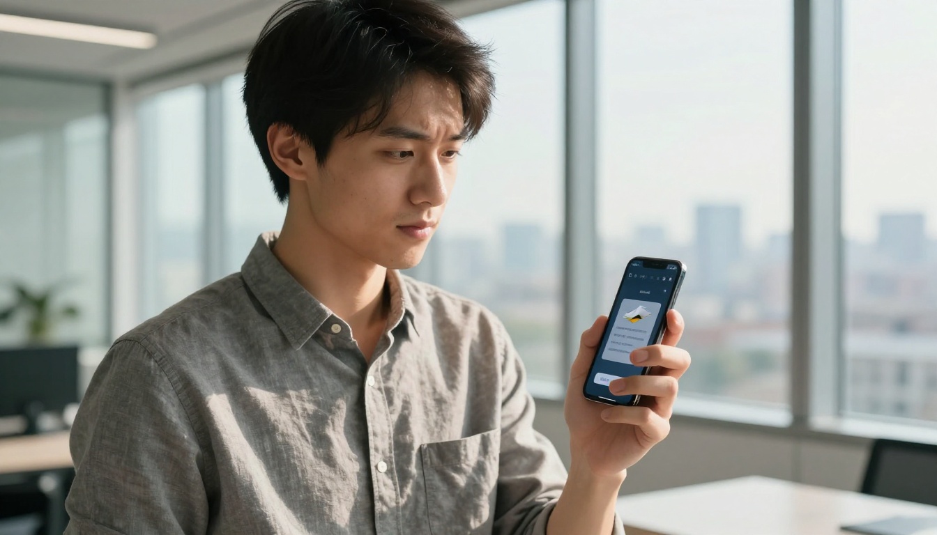 Young professional man holding a smartphone showing a frozen digital flipbook page in a bright modern office