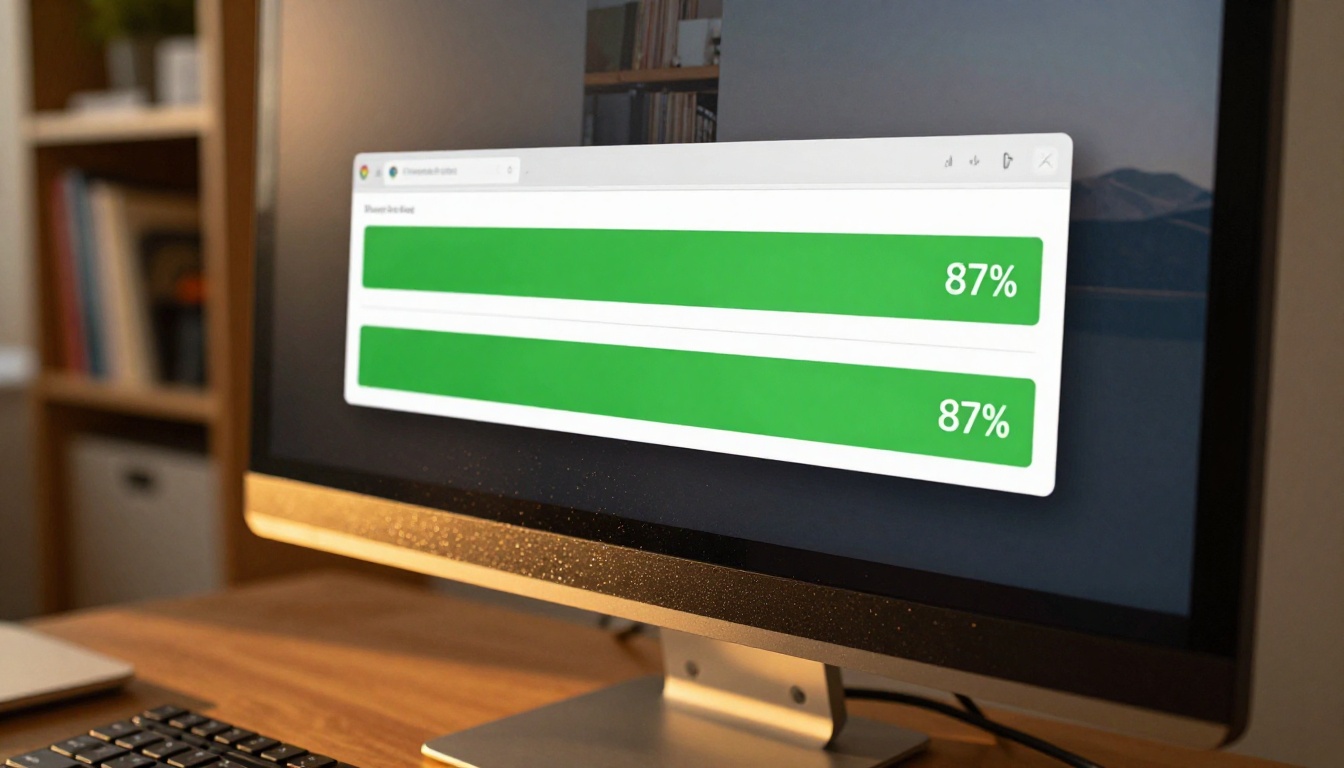 Desktop monitor showing a Chrome browser update dialog box with a green progress bar at 87 percent Desktop monitor showing a Chrome browser update dialog box with a green progress bar at 87 percent
