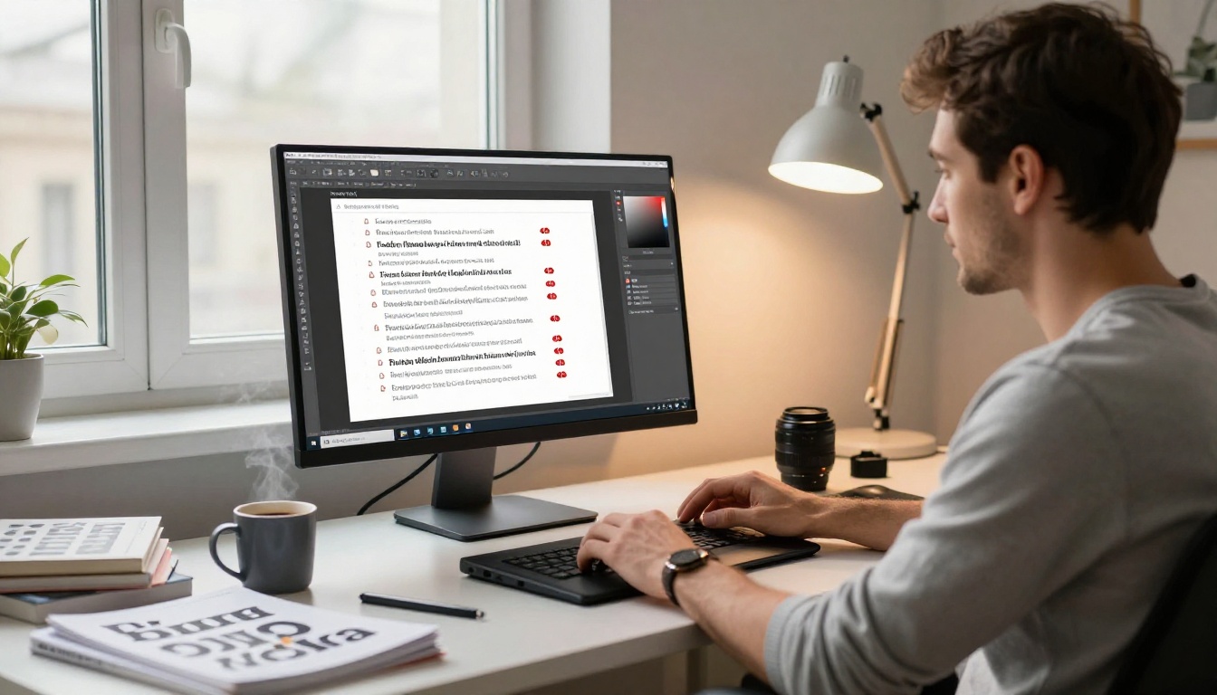 A designer reviewing a font embedding properties panel listing embedded and non-embedded fonts with warning icons A designer reviewing a font embedding properties panel listing embedded and non-embedded fonts with warning icons