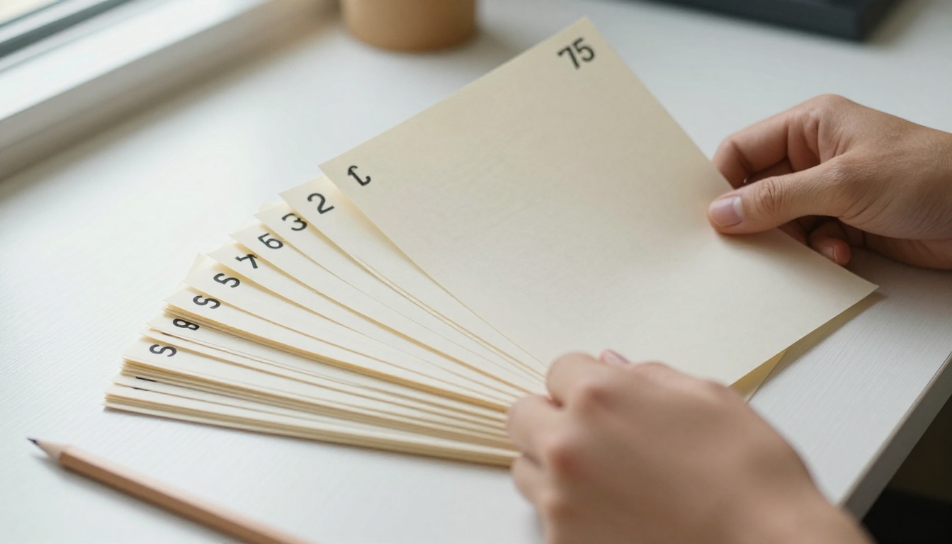 Hands carefully organizing printed document pages in sequence on a clean desk