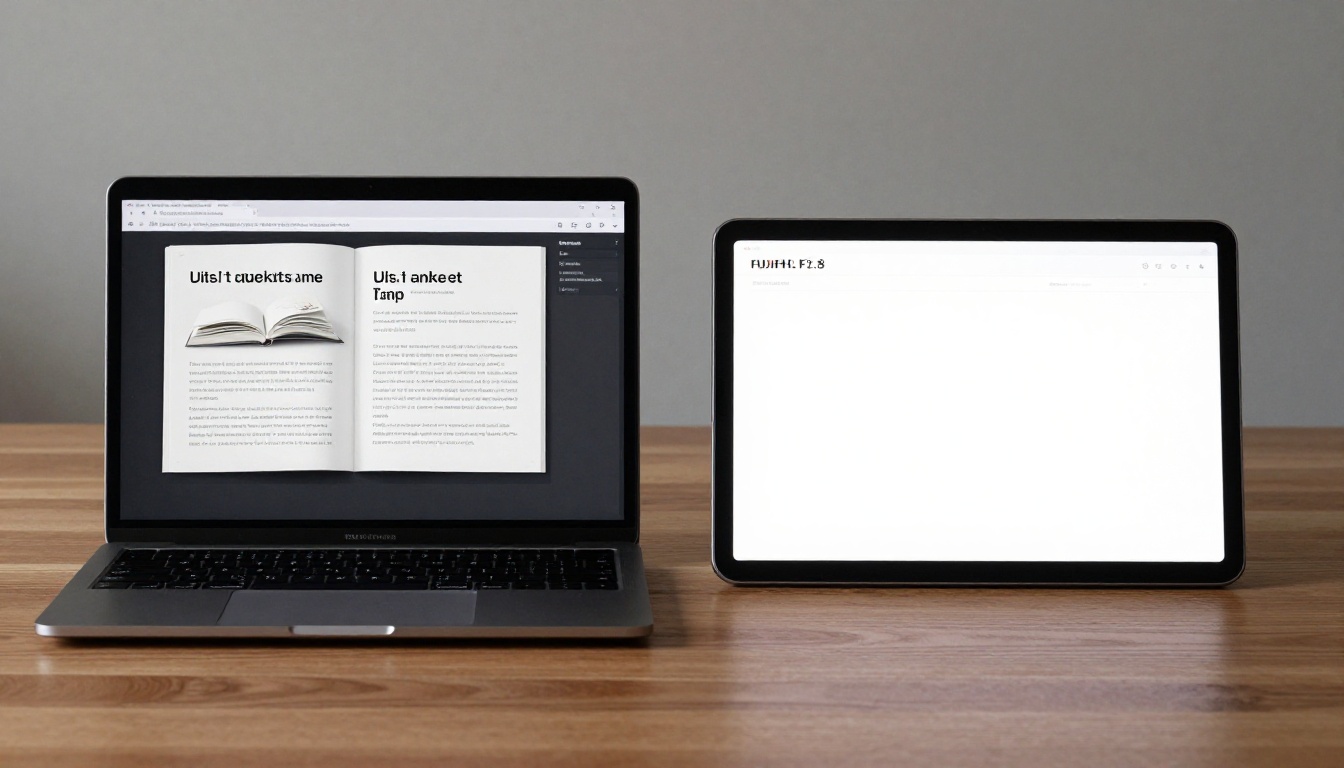 Two devices side by side on a conference table showing one flipbook loading correctly and another displaying a blank white error screen