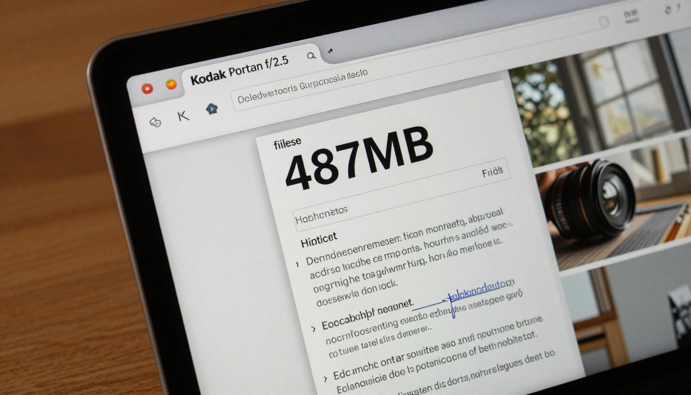 Close-up of a laptop screen showing a PDF file properties dialog with a large 487MB file size field highlighted Close-up of a laptop screen showing a PDF file properties dialog with a large 487MB file size field highlighted