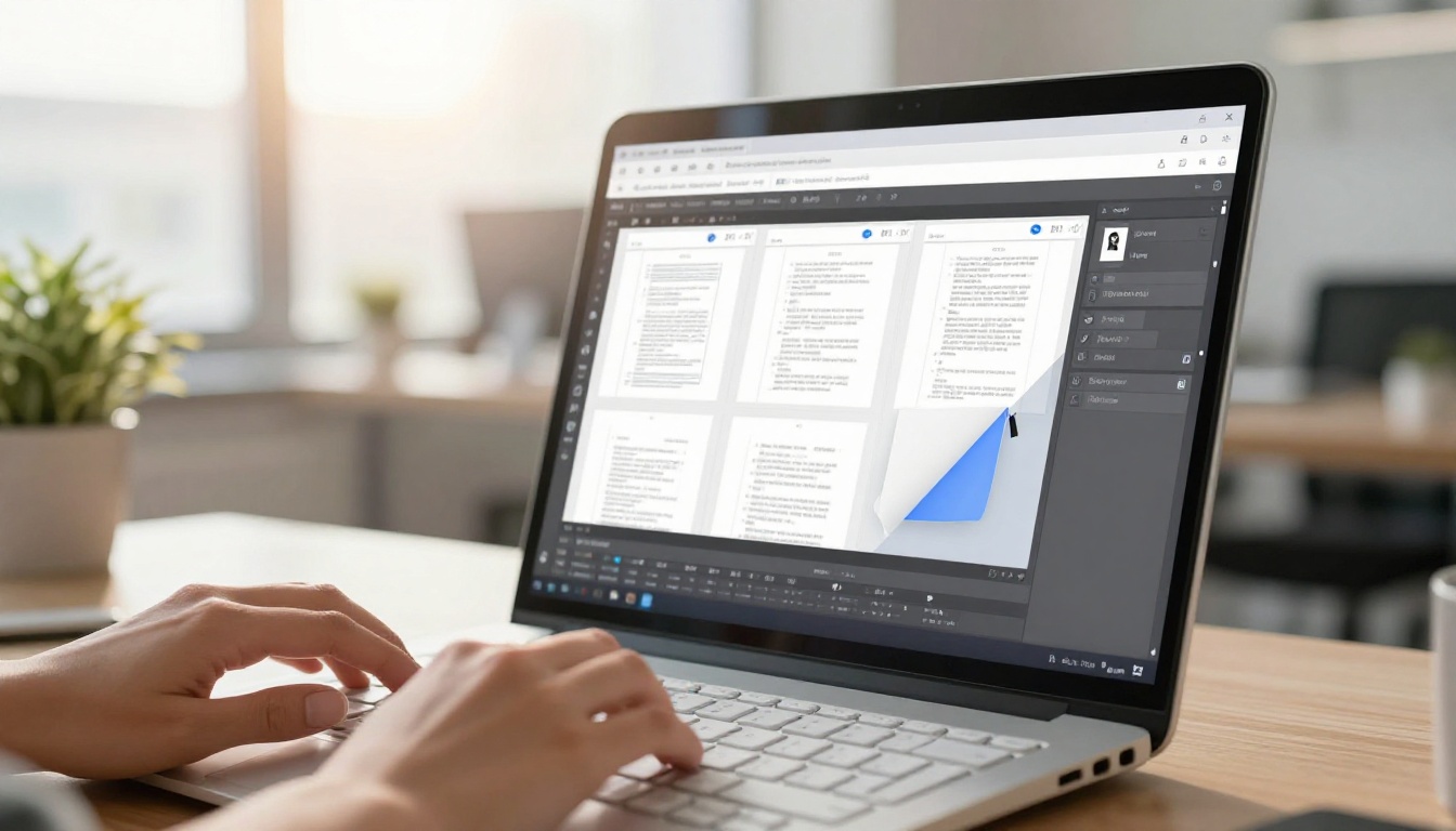 PDF editor software interface on a laptop screen with page thumbnails being rearranged