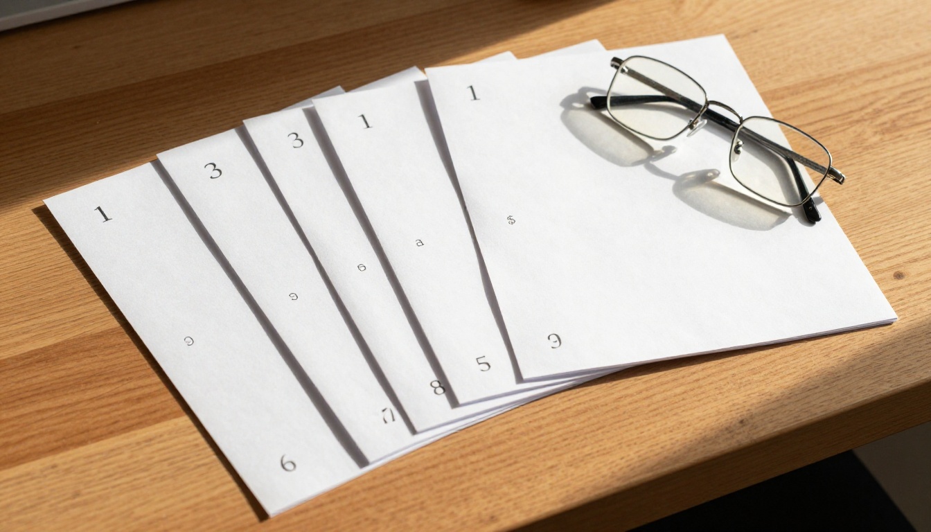 Aerial overhead view of printed document pages arranged in order on a wooden desk