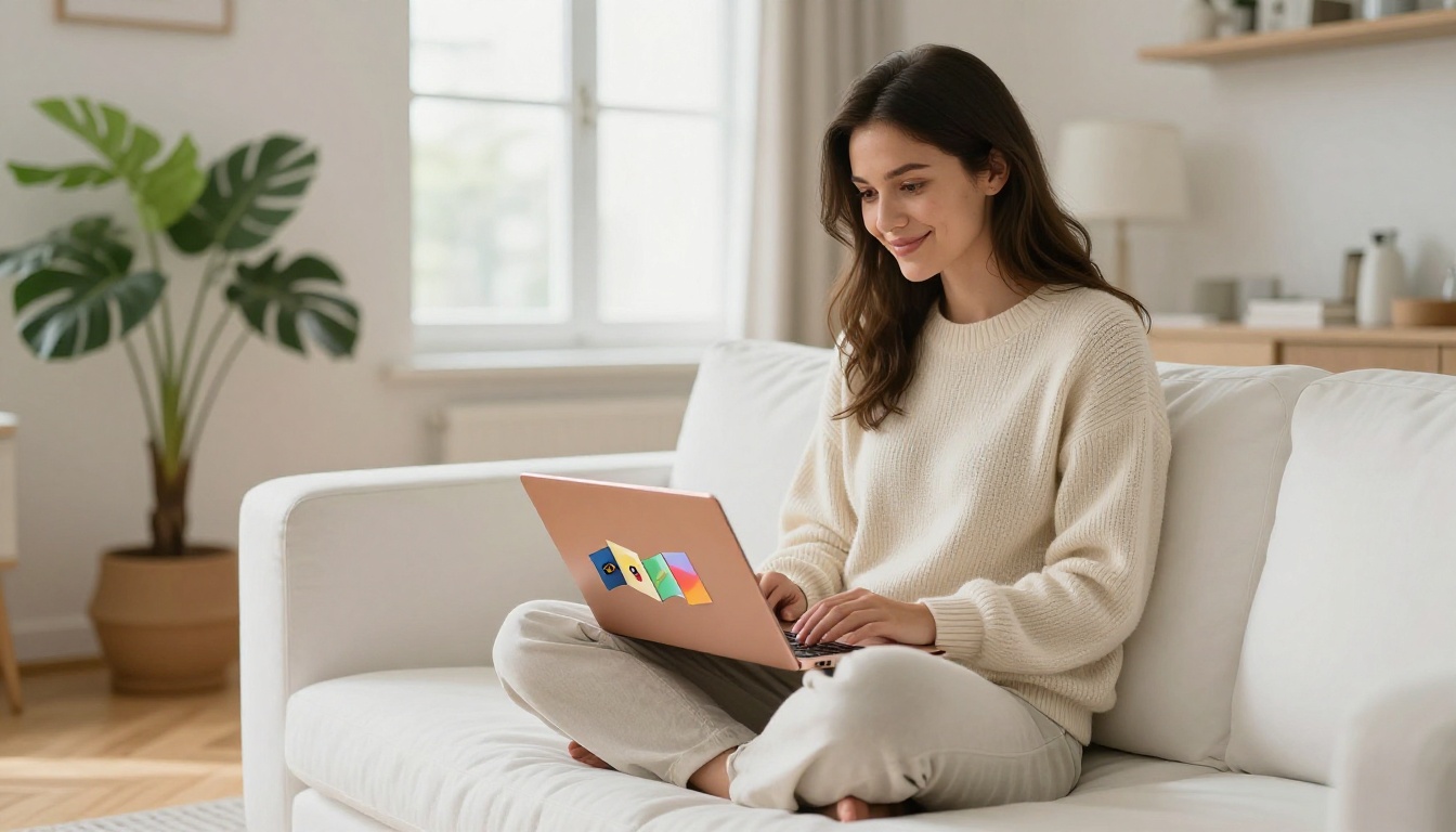 Woman sitting on a sofa with a laptop showing a digital flipbook loading smoothly with colorful pages on screen