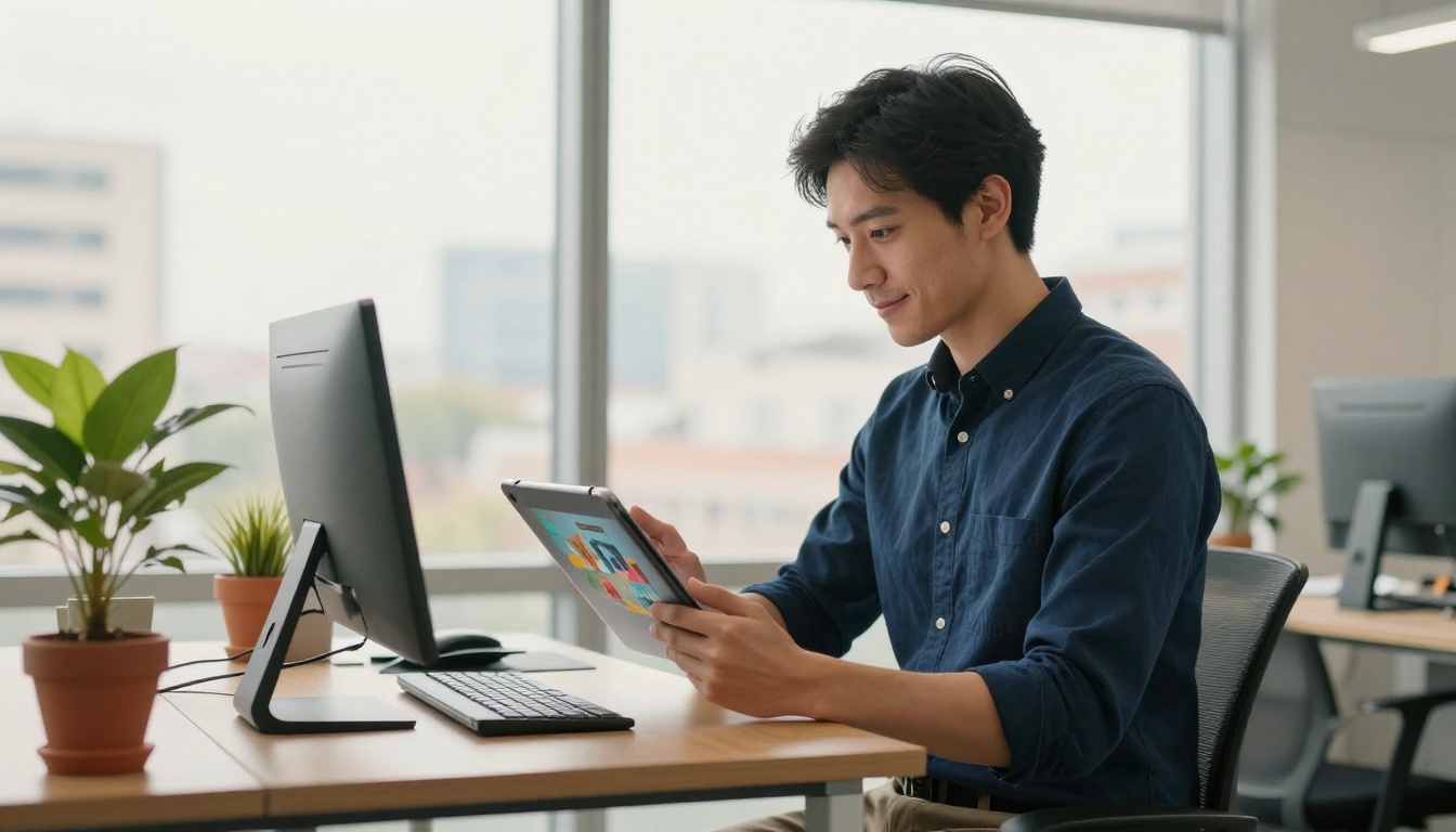 Man reviewing digital flipbook content on a tablet in a bright modern office