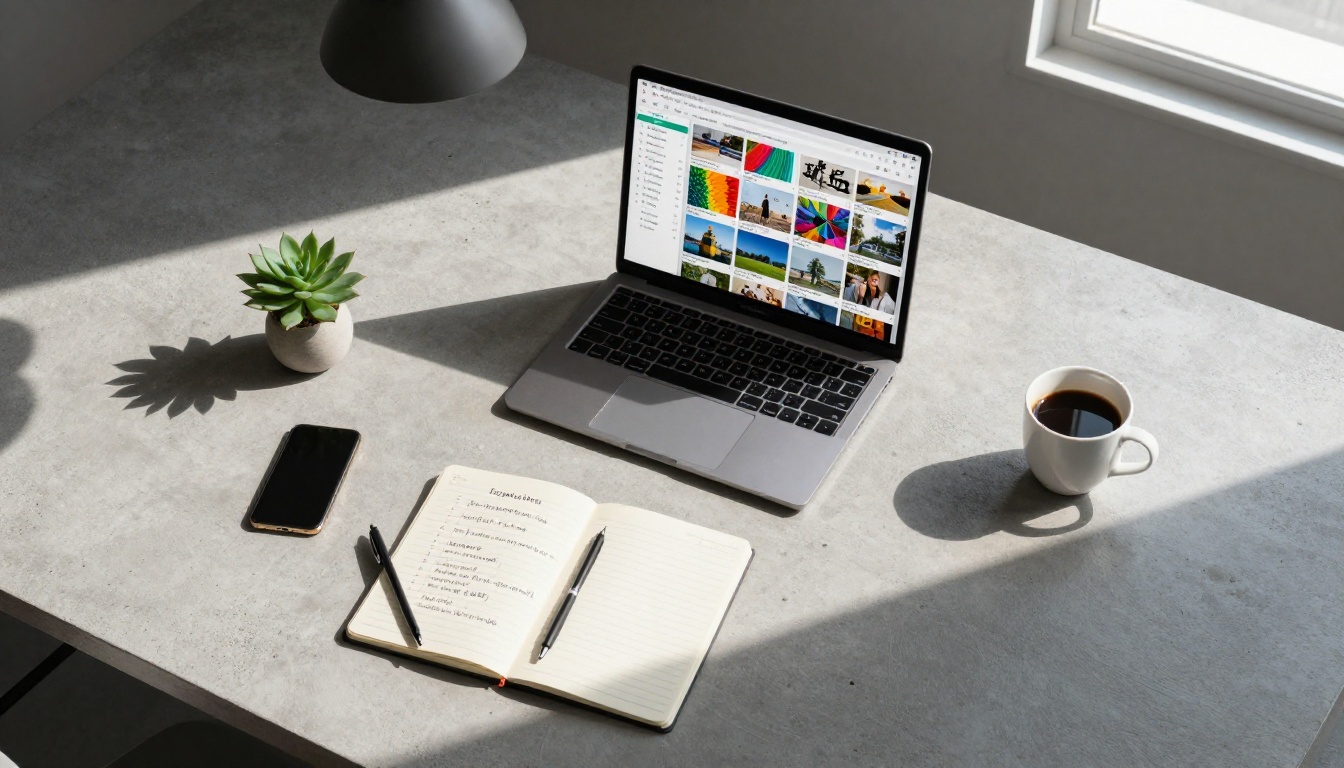 Overhead aerial shot of a minimal desk workspace with a laptop showing a successfully loaded flipbook and a handwritten checklist notebook beside it