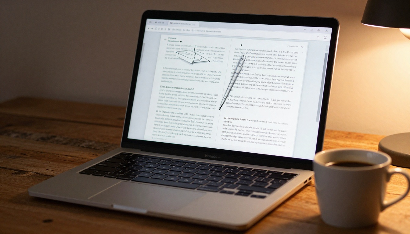 Digital flipbook with page-turn animation visible on a laptop screen in a warm office setting Digital flipbook with page-turn animation visible on a laptop screen in a warm office setting