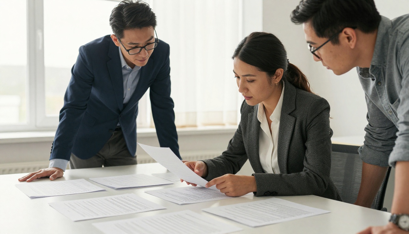 Two professionals reviewing documents in correct sequence in a bright conference room Two professionals reviewing documents in correct sequence in a bright conference room