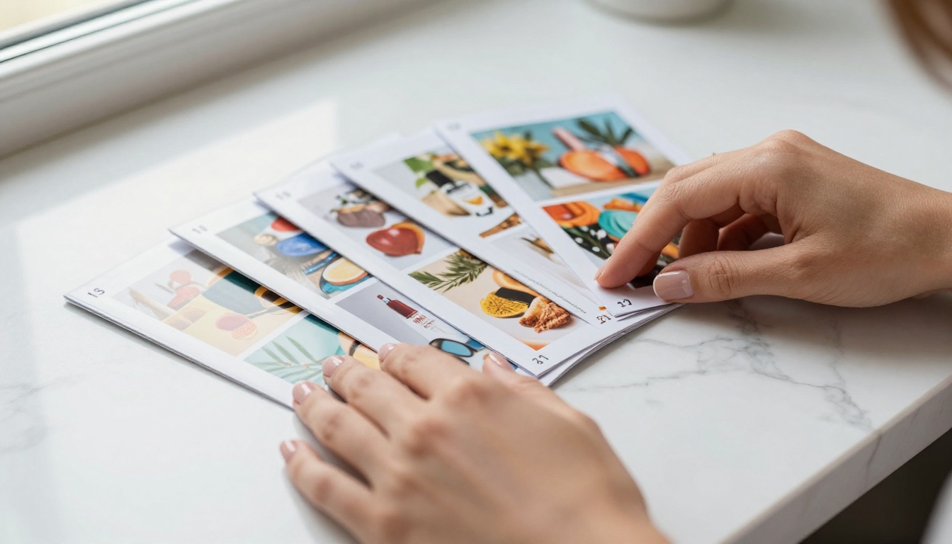 Woman's hands arranging glossy catalog pages in order on a marble desk surface