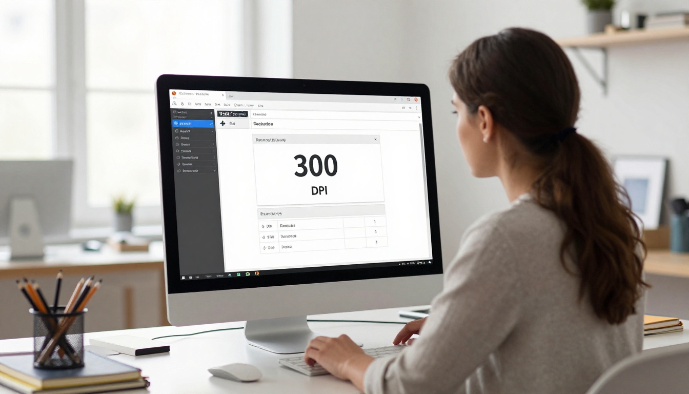 Graphic designer working at a large monitor with a PDF export settings dialog showing 300 DPI resolution options Graphic designer working at a large monitor with a PDF export settings dialog showing 300 DPI resolution options