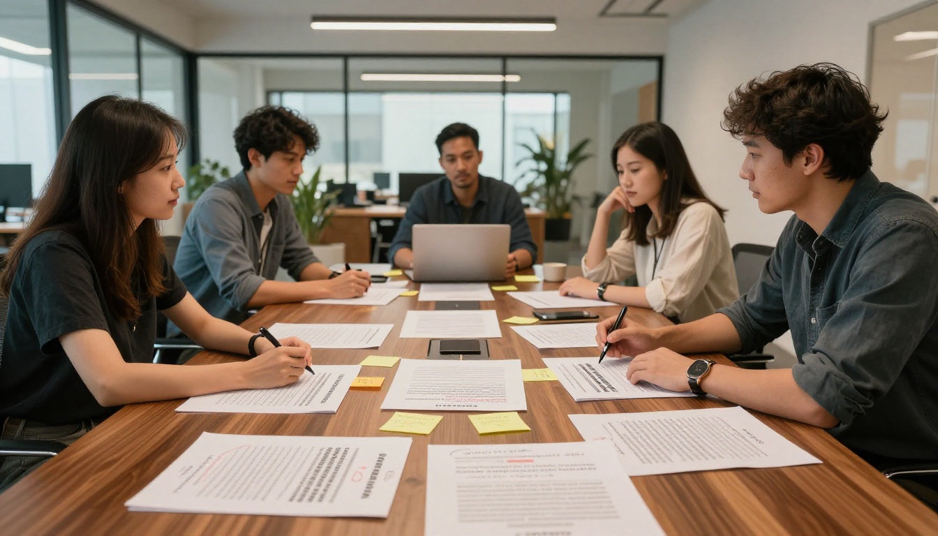 A creative agency team reviewing an annotated PDF document with font rendering problems circled in red A creative agency team reviewing an annotated PDF document with font rendering problems circled in red