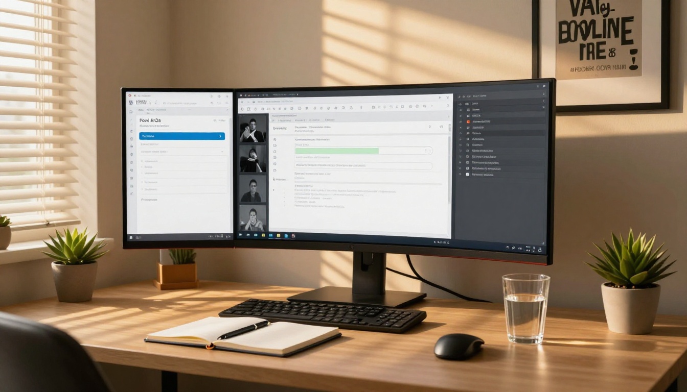 Wide angle home office with ultrawide monitor showing file upload interface with page previews Wide angle home office with ultrawide monitor showing file upload interface with page previews