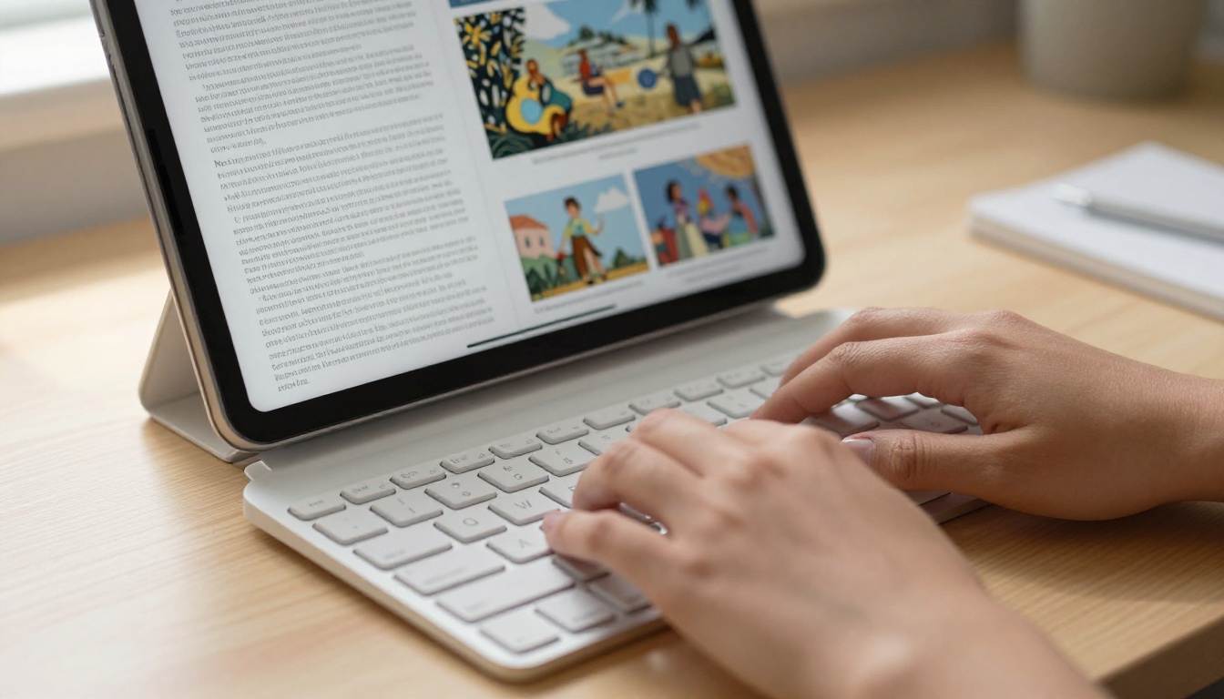 Hands typing on wireless keyboard with a digital flipbook visible on tablet in background Hands typing on wireless keyboard with a digital flipbook visible on tablet in background