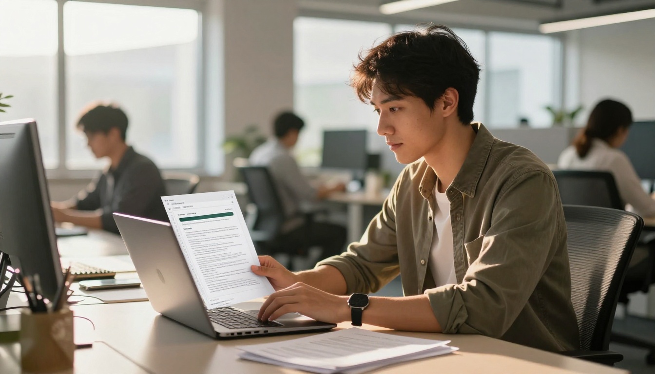 Young professional man uploading a PDF document through a web browser on a silver laptop at a modern standing desk Young professional man uploading a PDF document through a web browser on a silver laptop at a modern standing desk