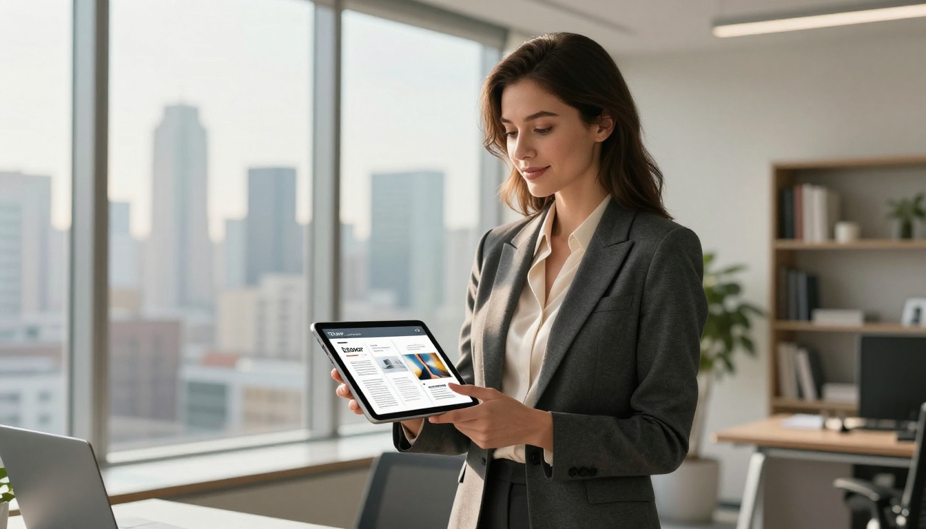 A professional woman reviewing a beautifully rendered digital flipbook on a tablet in a sunlit modern office