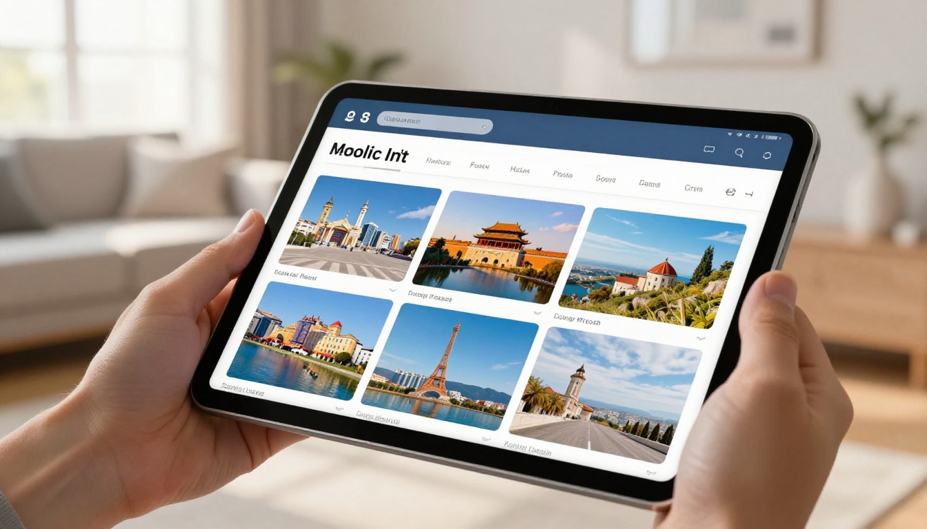 Tablet screen displaying a beautifully sharp digital flipbook catalog held in two hands against a softly blurred living room background Tablet screen displaying a beautifully sharp digital flipbook catalog held in two hands against a softly blurred living room background