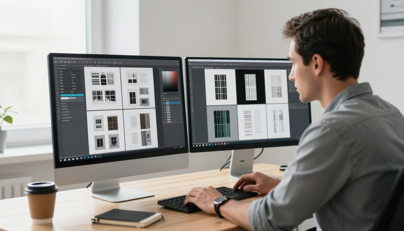 Design professional at a dual-monitor setup adjusting image resolution settings with a flipbook quality comparison visible on screen Design professional at a dual-monitor setup adjusting image resolution settings with a flipbook quality comparison visible on screen