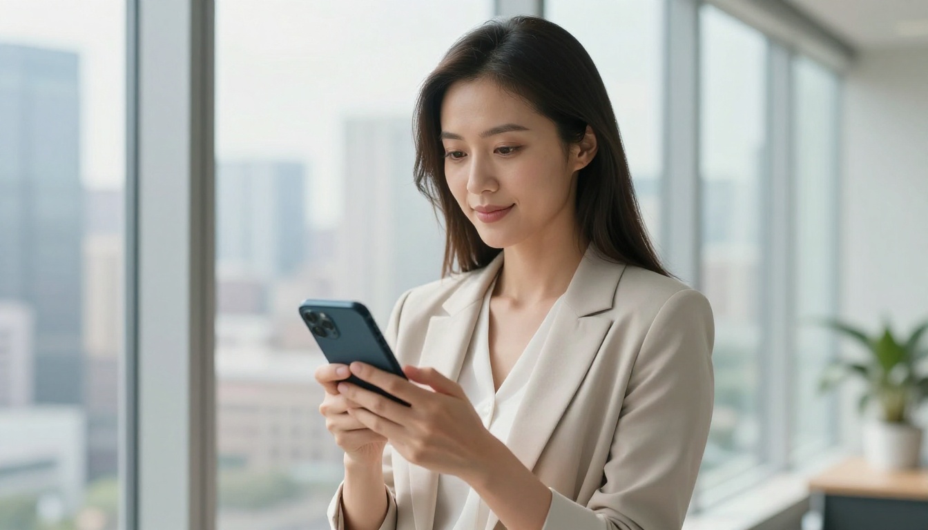 Professional woman reviewing a sharp digital flipbook on a smartphone near a floor-to-ceiling window with a city skyline in the background Professional woman reviewing a sharp digital flipbook on a smartphone near a floor-to-ceiling window with a city skyline in the background