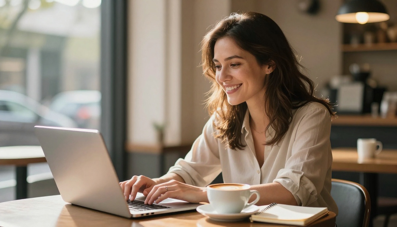 Woman smiling at a coffee shop window seat, looking at a beautiful sharp digital flipbook on her laptop in warm morning light Woman smiling at a coffee shop window seat, looking at a beautiful sharp digital flipbook on her laptop in warm morning light