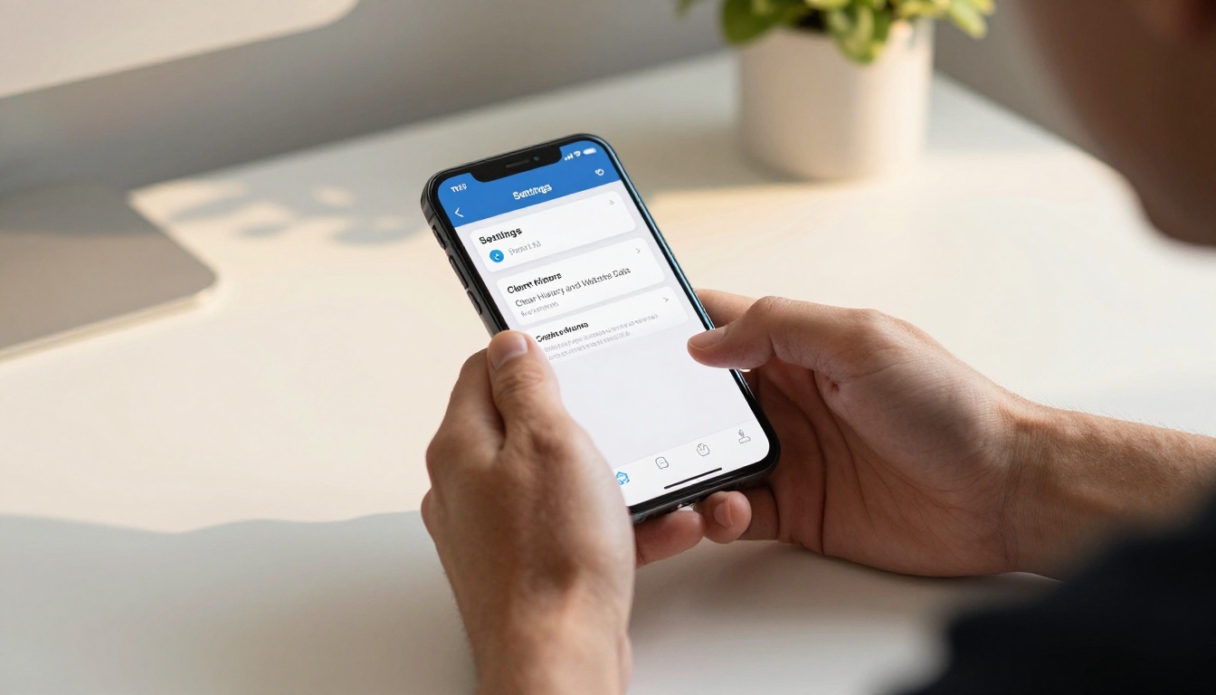 Close-up of man's hands tapping through iPhone Settings to clear Safari cache, minimalist white desk background