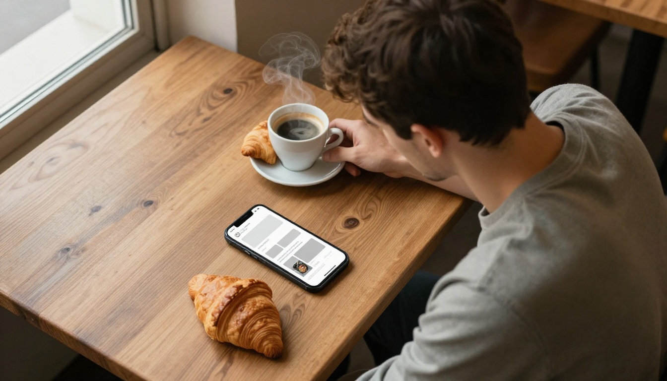 Overhead view of person at café with loading flipbook on phone