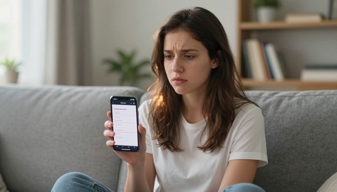 Young woman on gray couch checking iOS Screen Time and Content Restrictions settings on iPhone