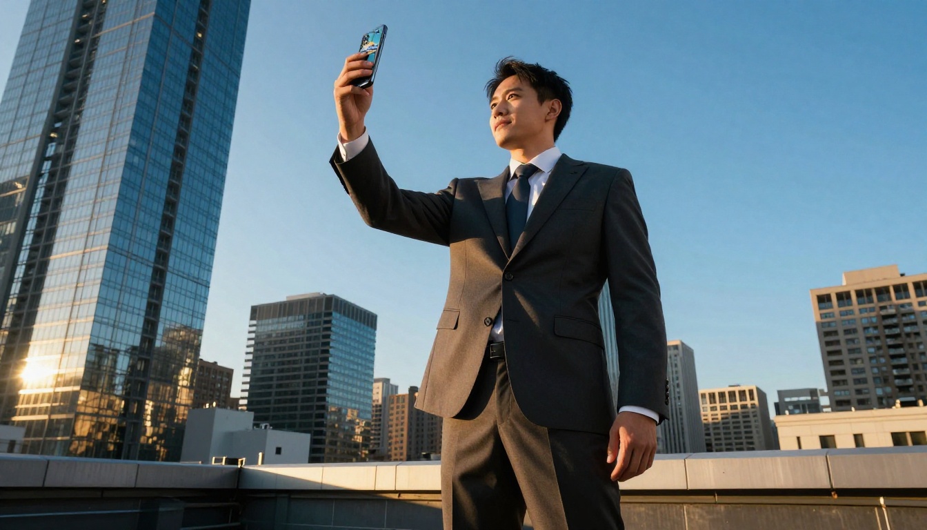 Businessman on rooftop with fully loaded flipbook on mobile phone at golden hour Businessman on rooftop with fully loaded flipbook on mobile phone at golden hour