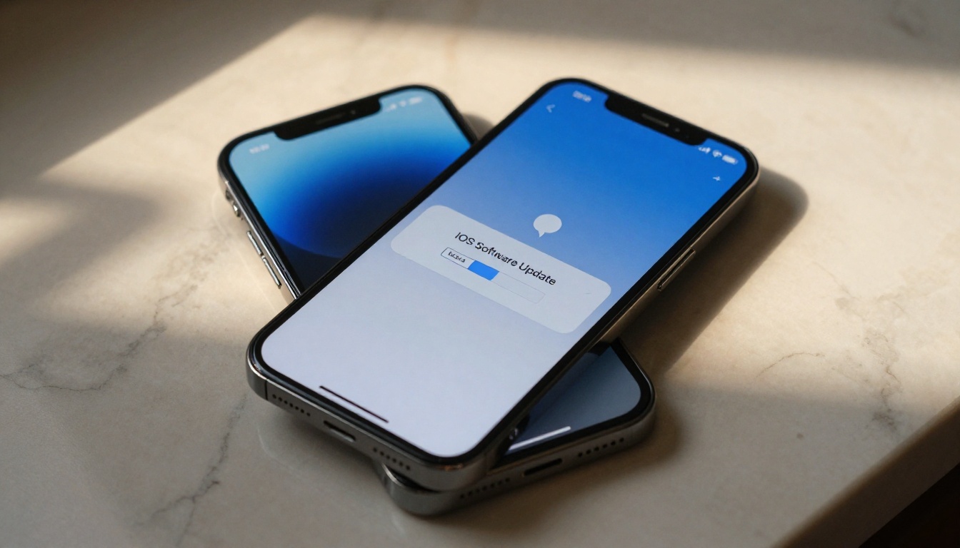 iPhone lying on marble counter showing iOS Software Update notification screen, morning window light creating warm shadows