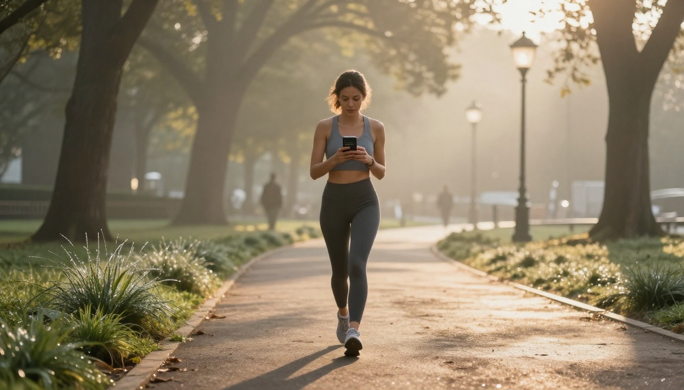 Woman walking in park checking flipbook loading progress on phone