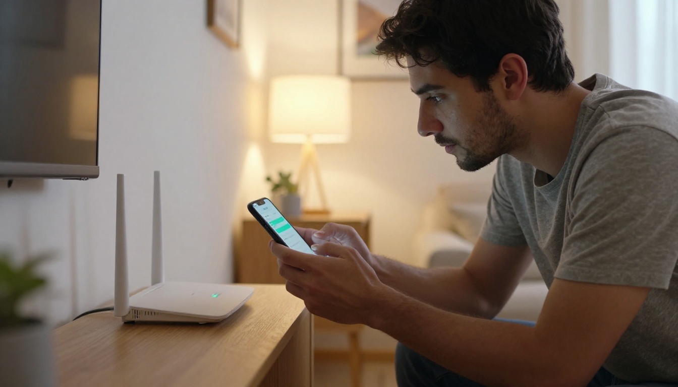 Man kneeling beside WiFi router at home, holding iPhone showing WiFi settings, warm evening ambient light