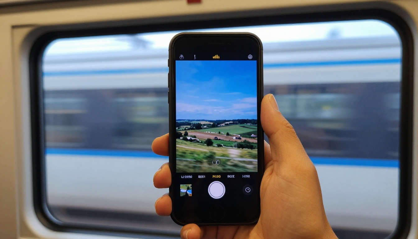 Low signal on mobile phone held against train window with countryside blur