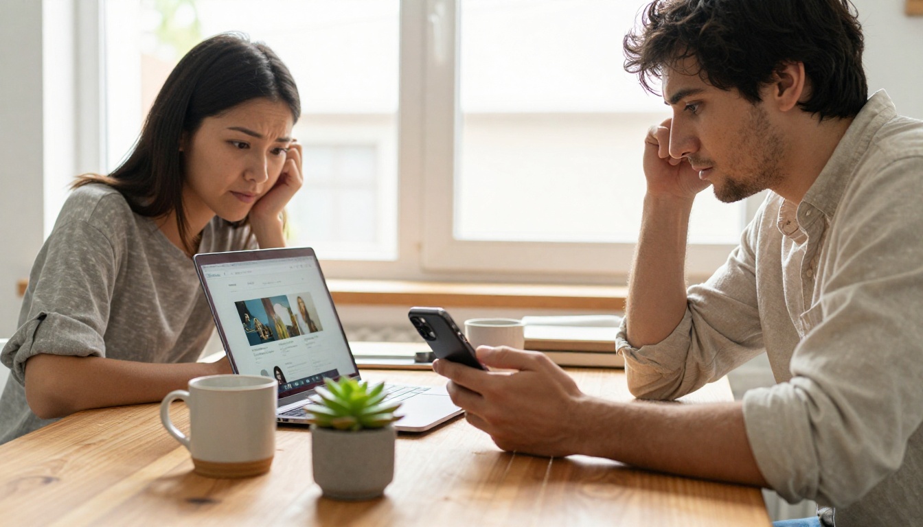 Two people at kitchen table, woman showing man something on laptop while he holds iPhone, natural window light