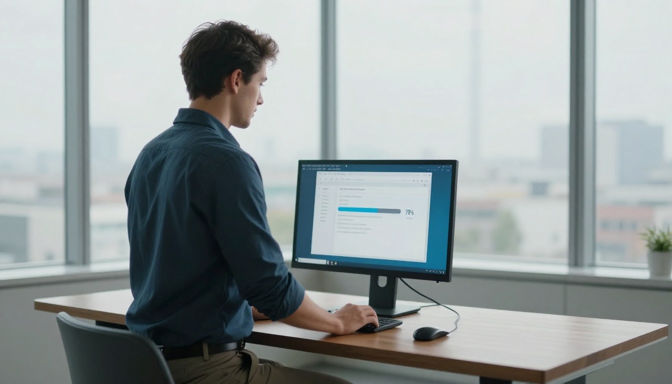 Man uploading document to digital platform on standing desk in modern office Man uploading document to digital platform on standing desk in modern office