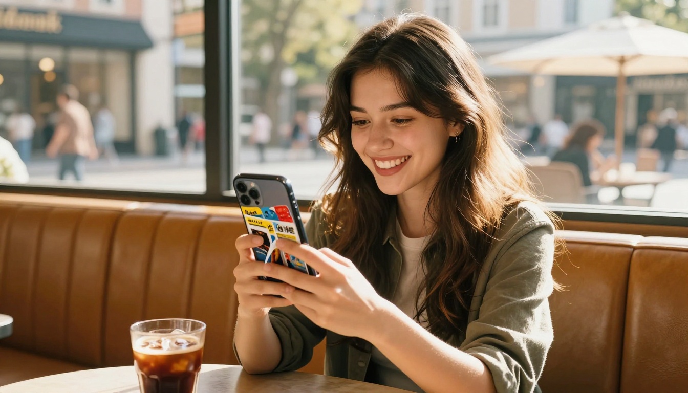 Young woman smiling brightly in sunlit cafe booth, holding iPhone showing colorful magazine-style flipbook, caramel leather upholstery