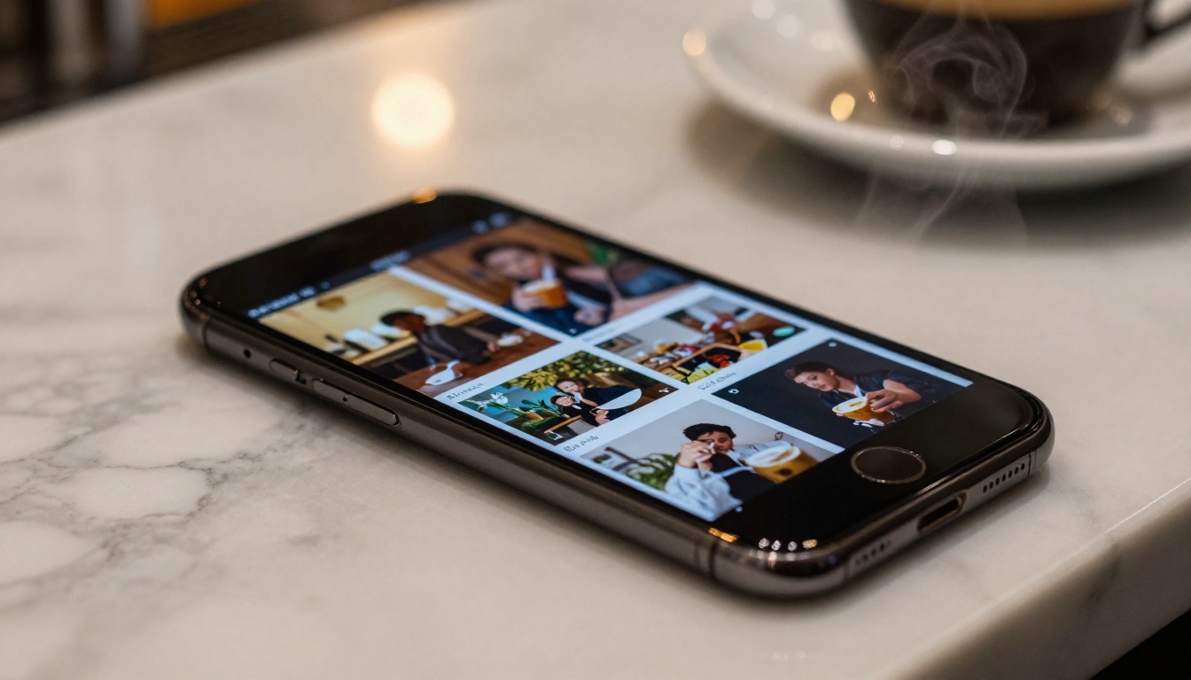 Smartphone on marble café counter displaying crisp fully loaded flipbook spread Smartphone on marble café counter displaying crisp fully loaded flipbook spread