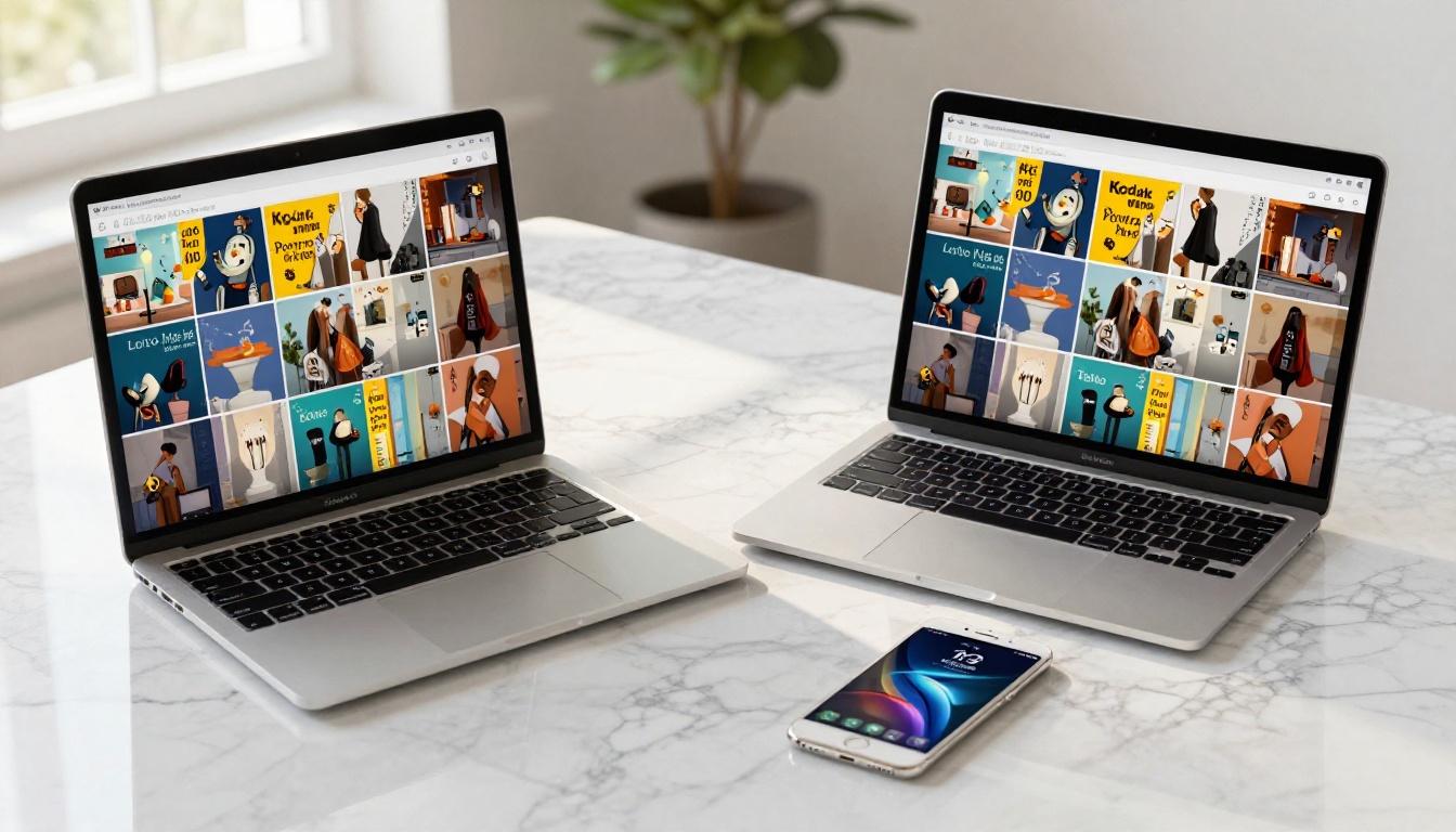 MacBook and iPhone side by side on white marble desk, both screens showing matching flipbook publication with colorful spreads