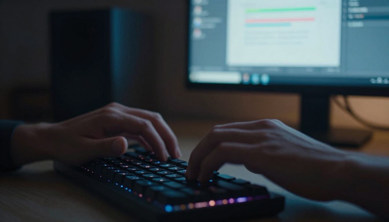 Hands typing on keyboard while PDF optimization runs on monitor