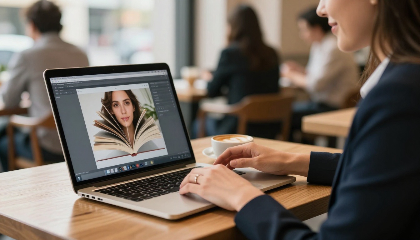 Woman at cafe using Flipbooks AI on her laptop to view a digital flipbook Woman at cafe using Flipbooks AI on her laptop to view a digital flipbook