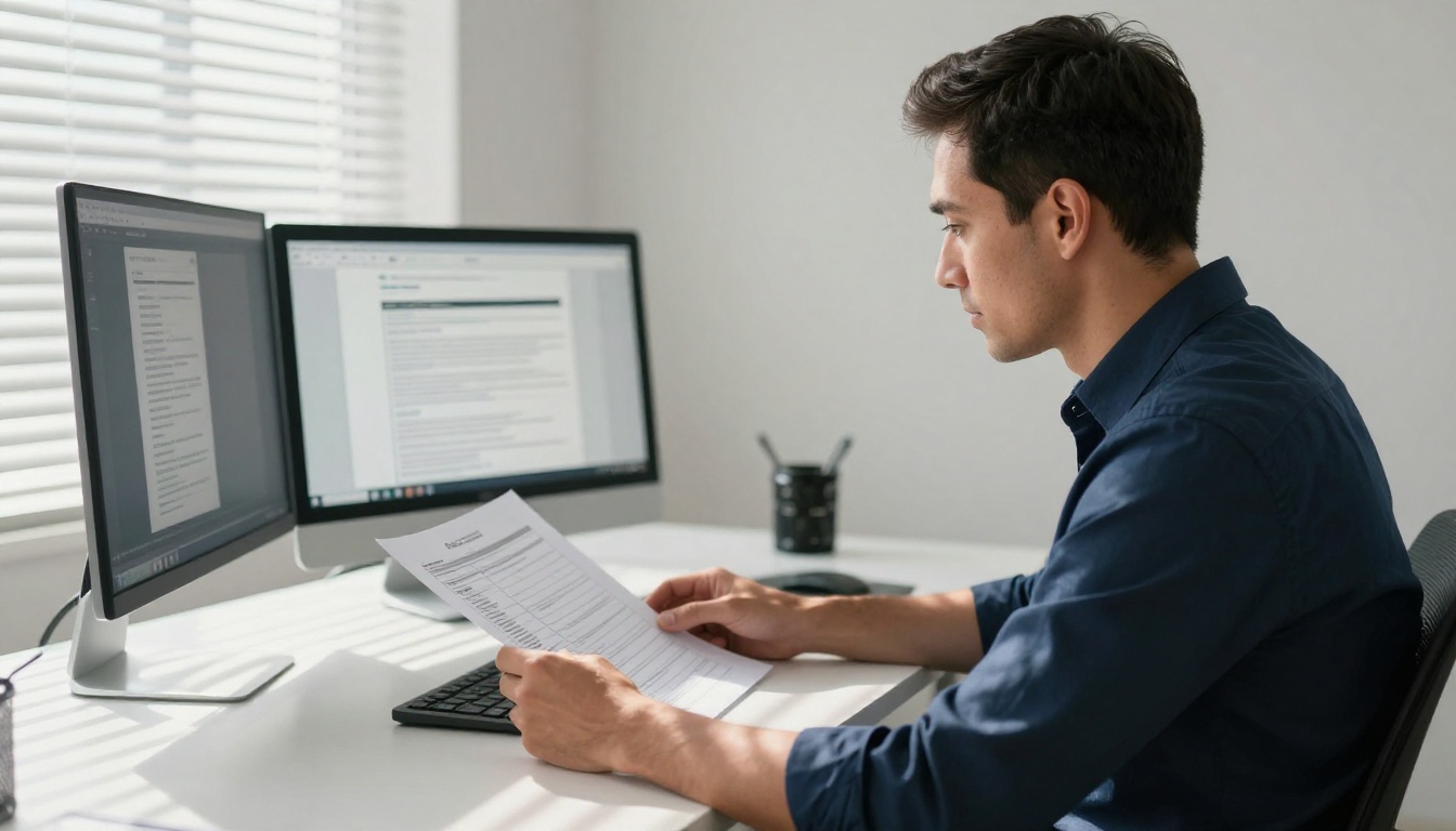Professional man reviewing PDF size comparison charts at his desk