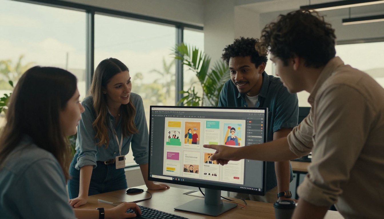 Marketing team reviewing a digital flipbook publication on a large monitor Marketing team reviewing a digital flipbook publication on a large monitor