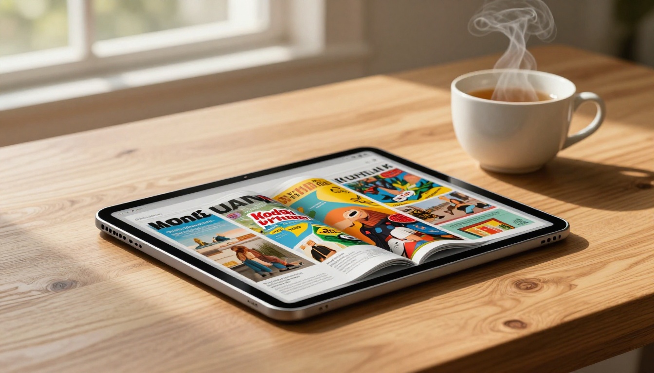 Tablet showing a beautifully rendered digital flipbook with page-turn effect Tablet showing a beautifully rendered digital flipbook with page-turn effect