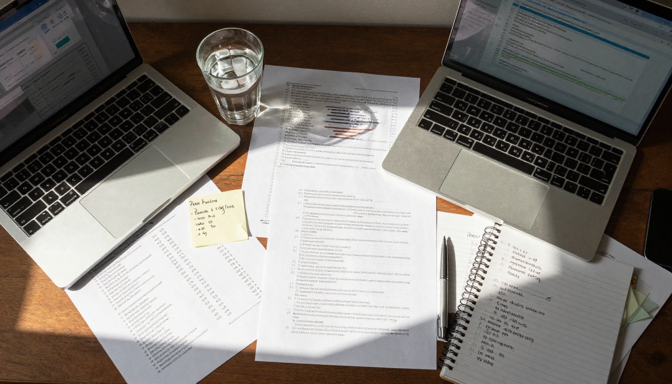 Aerial view of a desk with PDF pages and compression tools on laptop