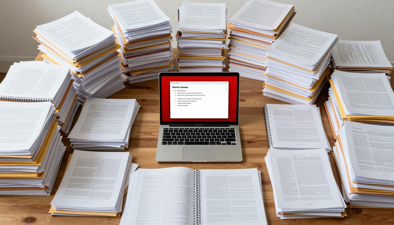 Overhead view of a desk overwhelmed with document stacks and a laptop showing a file size warning